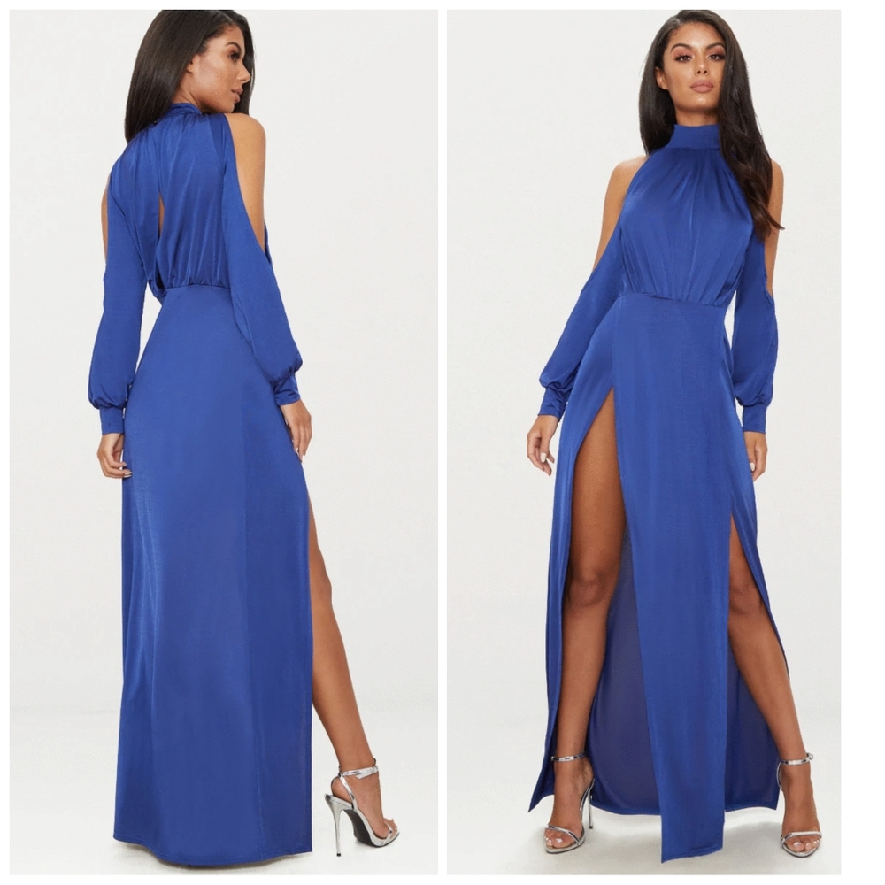 PLT Blue High Neck Double Split Sexy Maxi Dress